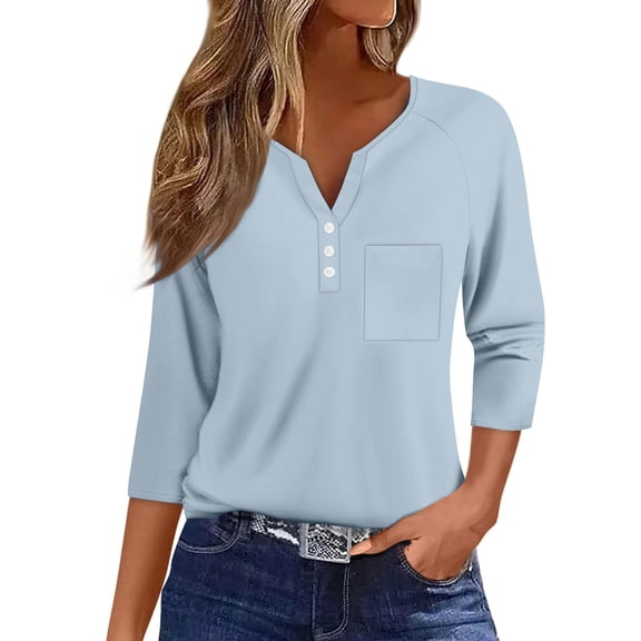 Women Blouses Dressy Casual 3/4 Sleeve Tee Tops Henley V Neck Graphic Print Half Sleeve Tunic Shirts