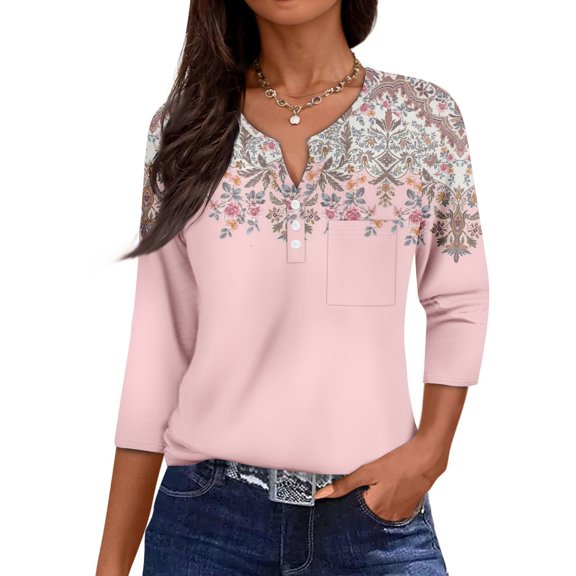 Women Blouses Dressy Casual 3/4 Sleeve Tee Tops Henley V Neck Graphic Print Half Sleeve Tunic Shirts