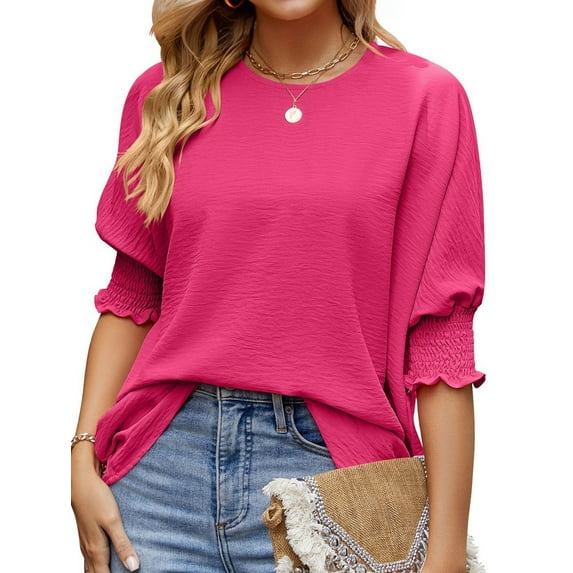 Women Blouses Dressy Casual Boat Neck 3/4 Length Sleeve Womens Tops with Smocked Cuff Rose Red XXL