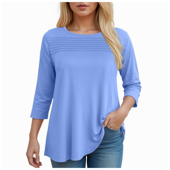 Women Blouses Dressy Casual Fall Winter 3/4 Sleeve Shirts Crew Neck Pleated Tunic Tops