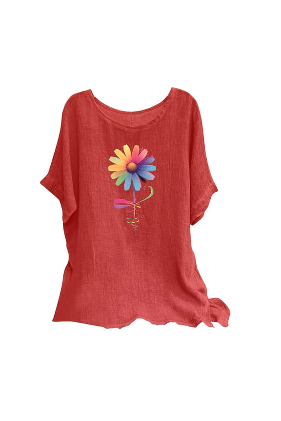 Women Blouses Elegant Casual Floral T-Shirts Loose Fit V Neck Crew Neck Tops Grey