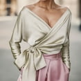 thumbnail image 1 of Women Blouses Elegant Solid Color Rainbow Neck Tie Waist Slim Fit Beige Summer Y2K Blouse XL, 1 of 4