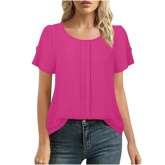 Women Blouses Fashionable Solid Color Patchwork Pleated Sleeves Short Sleeved Round Neck Top/Shirt Plus Size Womens Tops The Summer I Turned Pretty
