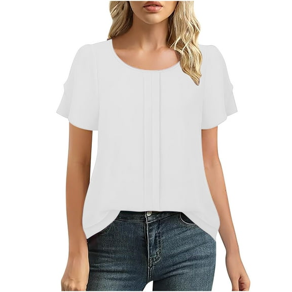 Women Blouses Fashionable Solid Color Patchwork Pleated Sleeves Short Sleeved Round Neck Top/Shirt Plus Size Womens Tops The Summer I Turned Pretty