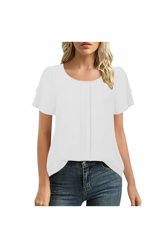 Women Blouses Fashionable Solid Color Patchwork Pleated Sleeves Short Sleeved Round Neck Top/Shirt Plus Size Womens Tops The Summer I Turned Pretty