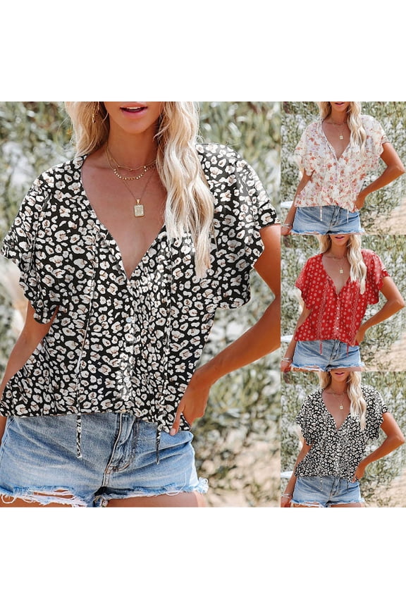 Women Blouses Floral V Neck Short Sleeve Drawstring Loose Button Down Shirts Pink Summer Gym Blouse XXL