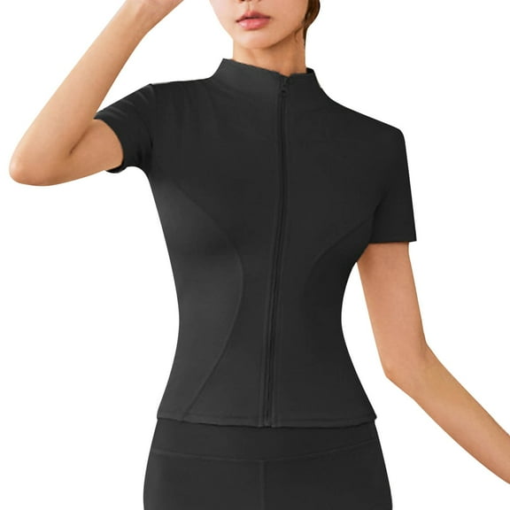 Women Blouses High Elastic Yoga Short Sleeved Jacket Stand Collar Tight Sports Coat Short Sleeved Cardigan for Women Workout Tops Tee for T Shirts Summer Womens Striped Tee Shirts Sleeve Black XXL