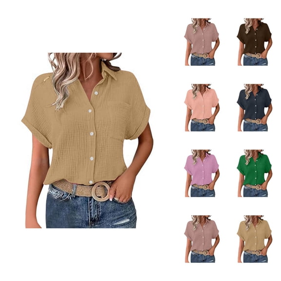 Women Blouses – Linen Short Sleeve Blouse with Button Front, Classy Summer Tops for Work or Vacation Ladies' Fashionable And Casual Solid Color Batsleeved Button Short Sleeved Shirt