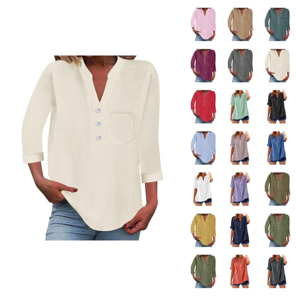 Women Blouses Long Sleeve – Klassischer Button Down Look mit V‑Neck Perfekt für Office oder Reise Women's Summer Mid Length Loose Solid Color Short Sleeved Chiffon Shirt