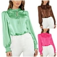 thumbnail image 1 of Women Blouses Long Sleeve Solid Front Bow Tie Ruffle Elegant Straight Satin Pullover Top Hot Pink Summer Cute Blouse L, 1 of 9