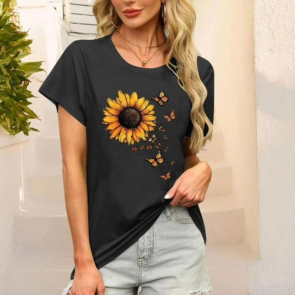 Women Blouses My Orders, Womens Short Sleeve Daisy Tops Crew Neck Dressy Casual Loose Fit Shirts Summer Flowy Blouses 2025 Trendy Clothes