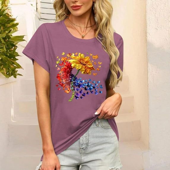 Women Blouses My Orders, Womens Short Sleeve Daisy Tops Crew Neck Dressy Casual Loose Fit Shirts Summer Flowy Blouses 2025 Trendy Clothes