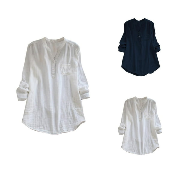 Women Blouses – Plus Size Long Sleeve V Neck Blouse with Lace Detail Casual Office Wear or Spring Style Women'S Solid Color Cotton Linen Long Sleeved Loose Casual Shirt