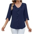 thumbnail image 1 of Women Blouses Plus Size New Women's Mid Sleeved Solid Color V-Neck Shirt with Pleated Ruffle Edges Fashionable and Loose Women's Top Navy Xl, 1 of 4