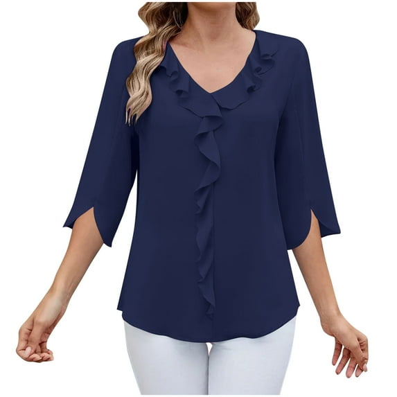 Women Blouses Plus Size New Women's Mid Sleeved Solid Color V-Neck Shirt with Pleated Ruffle Edges Fashionable and Loose Women's Top Navy Xl