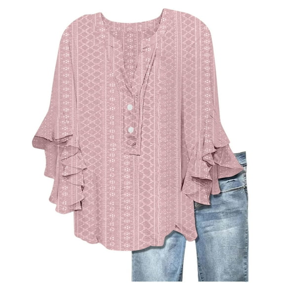 Women Blouses Plus Size Ruffle 3/4 Sleeve V-Neck Solid Color Flowy Lightweight Tops & Blouses for Casual Active Outdoor Gifts for Women PinkXL