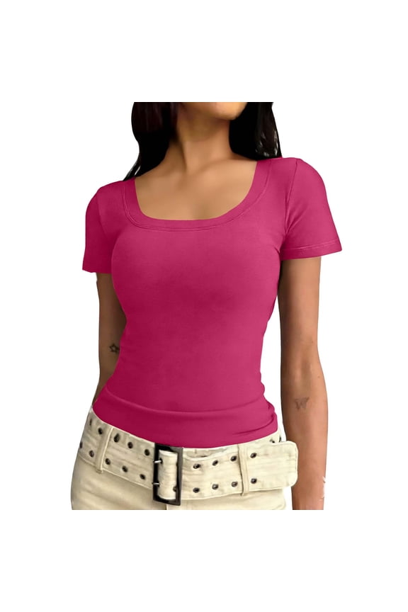 Women Blouses Plus Size Sawvnm Women's Casual Fashion Slim U-neck Base Shirt U-neck Short Sleeved Women's Top Blouses for Women Hot Pink 2XL