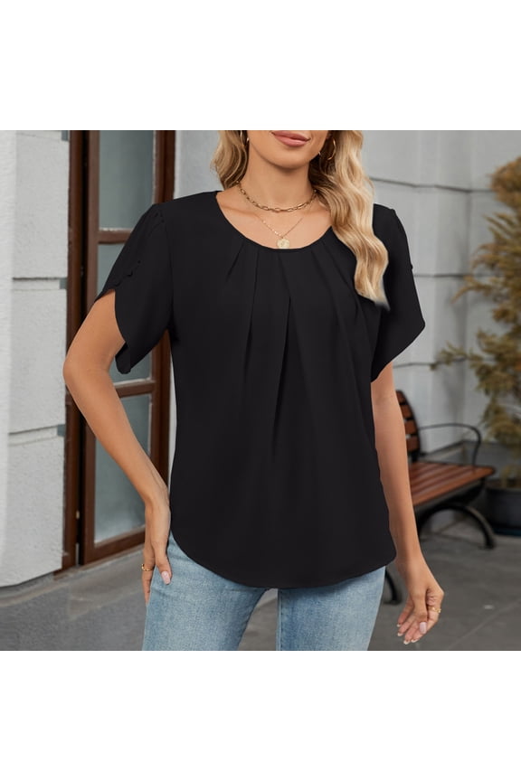 Women Blouses Plus Size Sawvnm Women‘s Casual Fashion Solid Color Summer Round-Neck Short Sleeve Blouses Shirts Top Blouses for Women Black XL