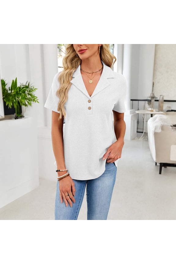 Women Blouses Plus Size Sawvnm Women's Solid Color Short Sleeve Blouses Button-Up Turndown Collar Pullover Casual Fashionable Top Blouses for Women White XL