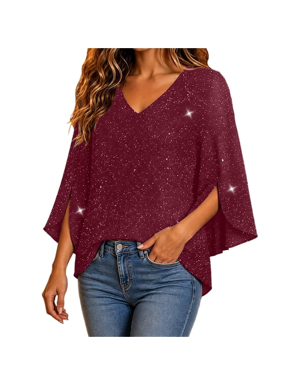 Women Blouses Ruffle 3/4 Sleeve Sequin Top V Neck Double Layer Tunic Shape Ruffle 3/4 Sleeve,Comfortable Elegant Tunic,Dressy Casual Lightweight Summer Outfit, 2026 Fashion