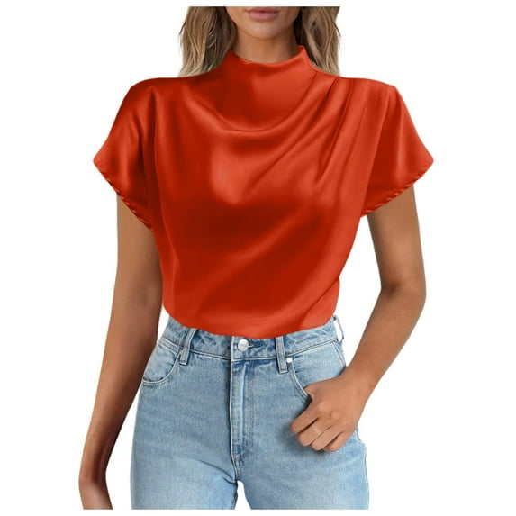 Women Blouses Sheer Long Sleeve Blouse Womens Tops M Short Sleeve Knit Shirts V Neck Short Tops Climate Control Shirts Women Long Layer Shirt Scrub Tee Compression Workout Knit Crop Orange M