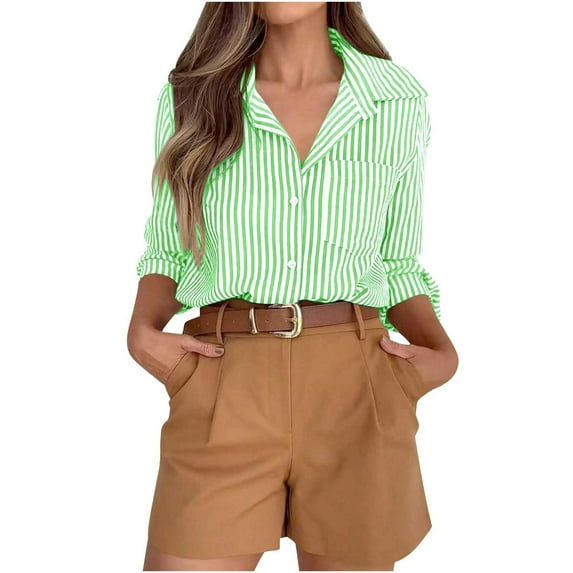 Women Blouses,Shirts For Women Solid Color Striped Button Down Shirts Women Dressy Shirts Turn Down Collar Long Sleeve Blouses Casual Collared Office Work Shirt With Pocket T Shirts For Women US:4-12