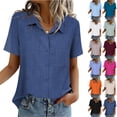 thumbnail image 1 of Women Button Down Shirts Lapel Short Sleeve Shirt Collared Work Tops Business Casual Dressy Summer Spring Clothes with Chest Pocket, Blue XL, 1 of 7