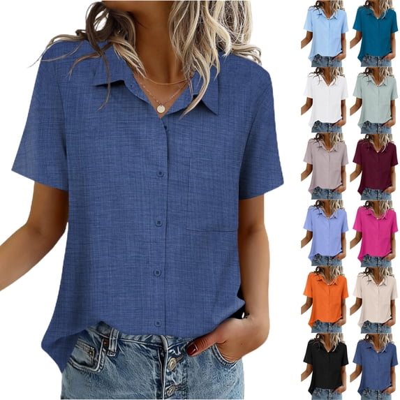 Women Button Down Shirts Lapel Short Sleeve Shirt Collared Work Tops Business Casual Dressy Summer Spring Clothes with Chest Pocket, Blue XL