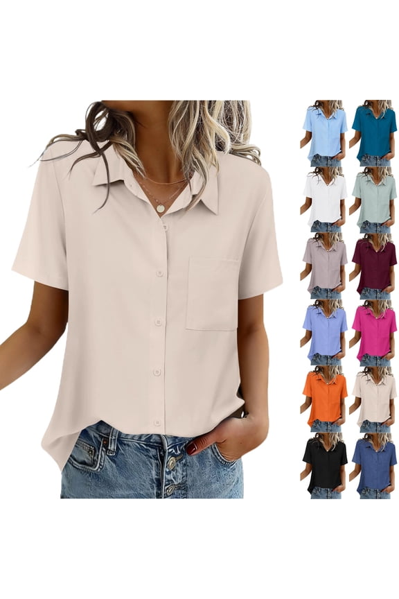 Women Blouses Short Sleeve Button Down Shirts Business Casual Dressy Work Tops Summer Spring Clothes, Khaki XL