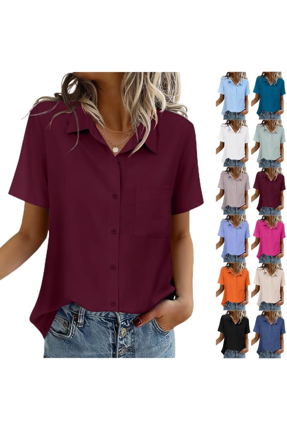 Women Blouses Short Sleeve Button Down Shirts Business Casual Dressy Work Tops Summer Spring Clothes, Wine XL