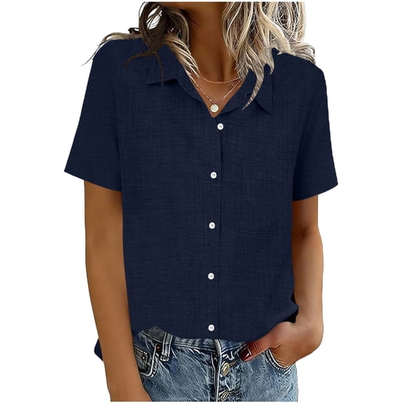 Women Blouses Short Sleeve Button Down Shirts Business Casual Dressy Work Tops with Pocket Summer Spring Clothes Navy