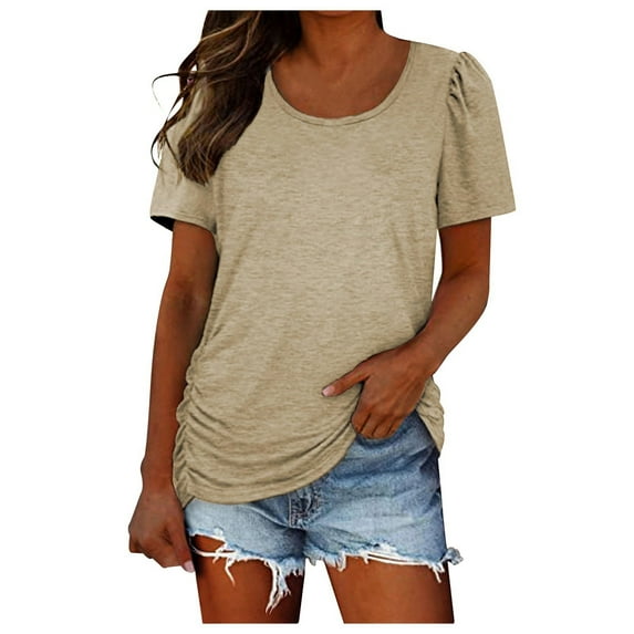 Women Blouses Short Sleeve Women Casual Puff Sleeve Blouse for Rayon T Shirt Solid Womens Deep V Neck Sweater Short Button down Blouse Silk Top Long Warm Shirts for Full Khaki L