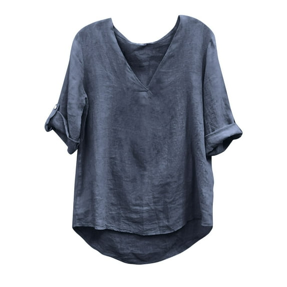 Women Blouses Short Sleeved Solid Color Round Neck Tops Rolled Cuffs Sunscreen Sports Half Sleeve Crew Neck Shirt Up to the Elbow Sleeve Top Blouses for Women Dressy Casual