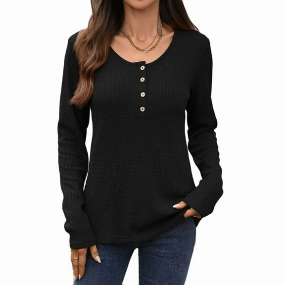 Women Blouses Slim Fit Button Down V Neck Henley Shirt Black XL