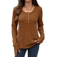 thumbnail image 1 of Women Blouses Slim Fit Button Down V Neck Henley Shirt Caramel Color XL, 1 of 8