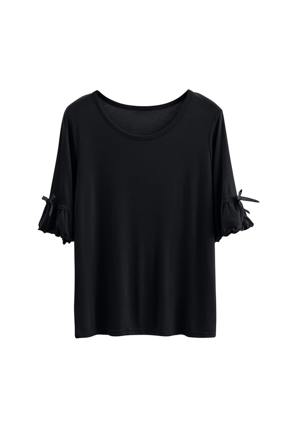 Women Blouses Solid Color Bow Short Sleeved T Shirt Thin Loose And Base Shirt Top Short Sleeved Round Neck Top/Shirt Plus Size Womens Tops The Summer I Turned Pretty