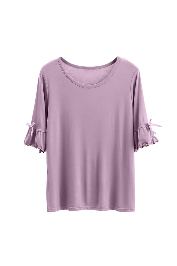 Women Blouses Solid Color Bow Short Sleeved T Shirt Thin Loose And Base Shirt Top Short Sleeved Round Neck Top/Shirt Plus Size Womens Tops The Summer I Turned Pretty