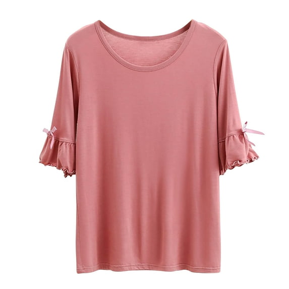 Women Blouses Solid Color Bow Short Sleeved T Shirt Thin Loose And Base Shirt Top Short Sleeved Round Neck Top/Shirt Plus Size Womens Tops The Summer I Turned Pretty