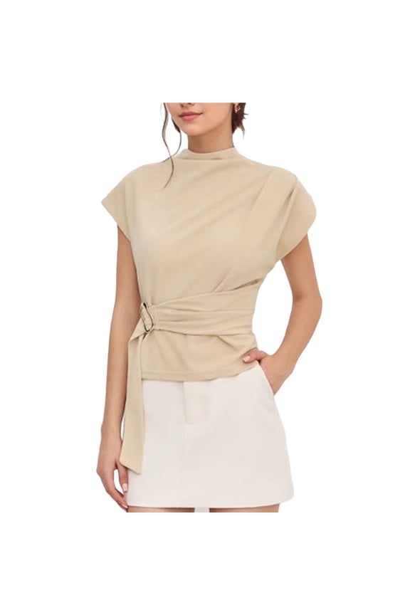 Women Blouses Spring Dressy Cap Sleeve Mock Neck Work Shirts Buckle Tunic Summer Business Casual Tops 2026