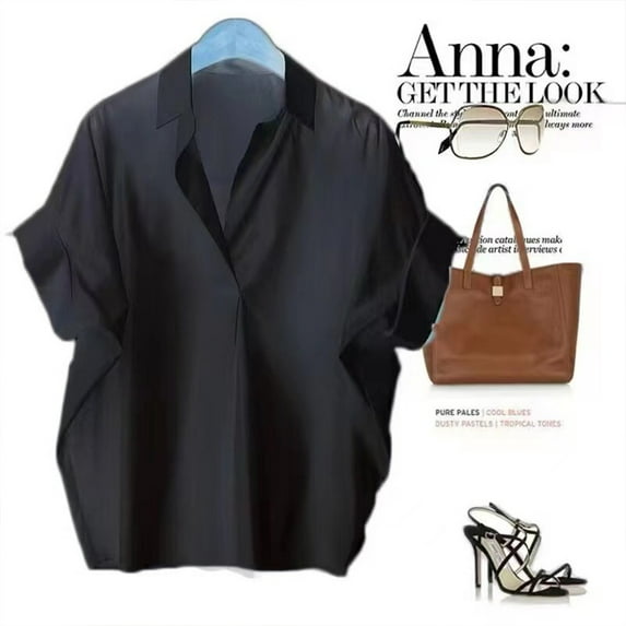 Women Blouses Spring Summer Simple Short Batwing Sleeve Turn Town Collar Shirts