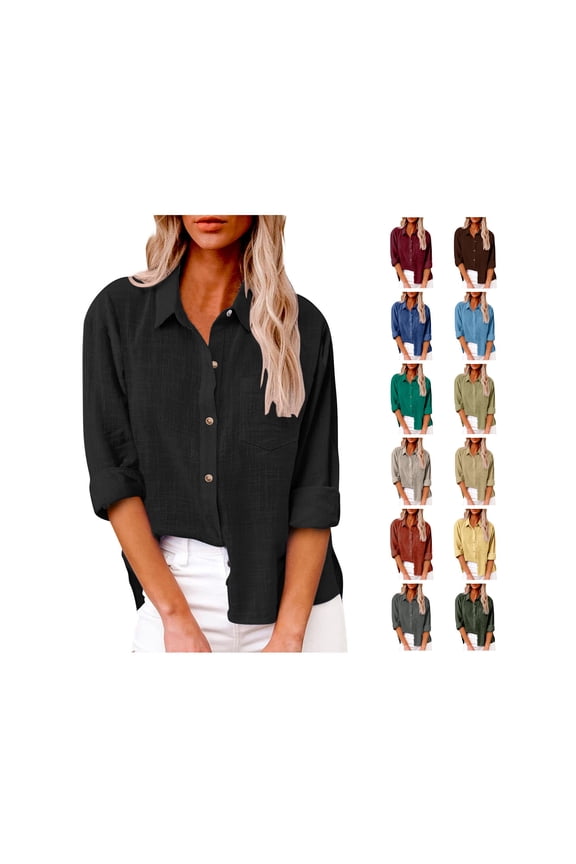 Women Blouses Summer Casual Linen Button Up Shirts Long Sleeve Loose Fit Lightweight Tops Vacation Beach Clothes