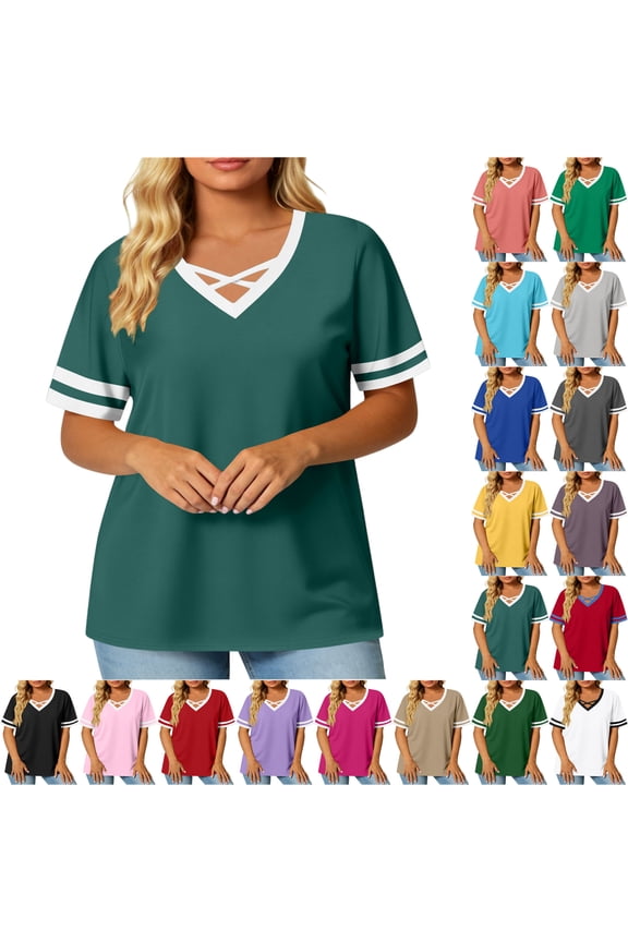 Women Blouses Tops Summer Short Sleeve V-Neck Blouses Casual Color Blocking Top