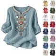 thumbnail image 1 of Women Blouses Trendy Sawvnm Embroidered Tops For Women 3/4 Sleeve Boho Linen Shirts Plus Size V Neck Tunic Peasant Clothes Light Blue XXXL, 1 of 8