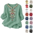thumbnail image 1 of Women Blouses Trendy Sawvnm Embroidered Tops For Women 3/4 Sleeve Boho Linen Shirts Plus Size V Neck Tunic Peasant Clothes Mint Green XXXL, 1 of 8