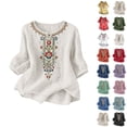 thumbnail image 1 of Women Blouses Trendy Sawvnm Embroidered Tops For Women 3/4 Sleeve Boho Linen Shirts Plus Size V Neck Tunic Peasant Clothes White XXXL, 1 of 8