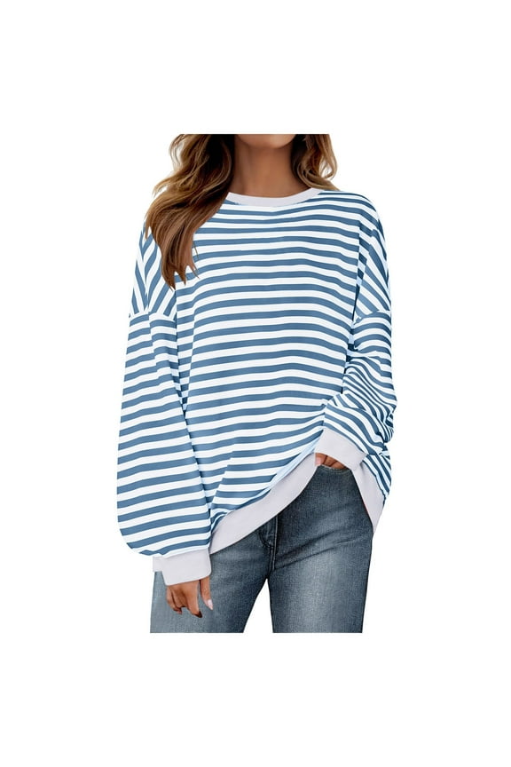 Women Blouses Winter Loose Crew Neck Long Sleeve Kimono Cold Shoulder Flowy Stripe Leisure Cotton T Shirts Top(Blue,L)