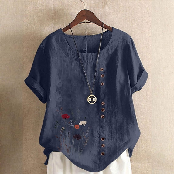 Women Blouses Women Casual And Linen Round-Neck Printed Short Sleeve Button T-shirt Blouse under 5 Navy 3XL