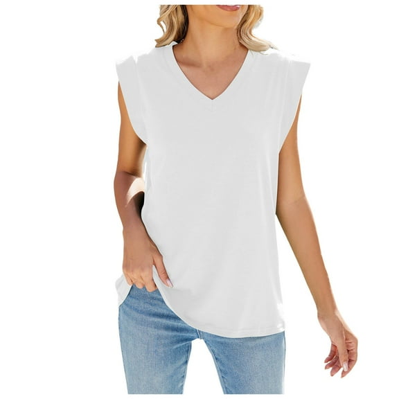 Women Blouses Womens Summer Solid Color V Neck Cap Shoulder Sleeve Loose Sleeveless T Shirt Vest Women V Necks Women Corsets Top for Women Womens Top Long Floral Top Compression Shirt for Women