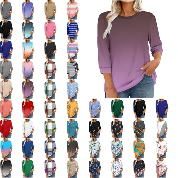 Women Blouses,Womens Tops,3/4 Sleeves Splicing Crew Neck Classic Style Solid Color,Gradient,Check,Print,Stripes Multivariant Lightweight Texture SuperSoft T-Shirt Fashion Blouse Round Neck Casual Top