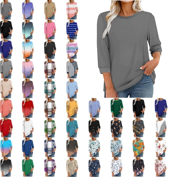 Women Blouses,Womens Tops,3/4 Sleeves Splicing Crew Neck Classic Style Solid Color,Gradient,Check,Print,Stripes Multivariant Lightweight Texture SuperSoft T-Shirt Fashion Blouse Round Neck Casual Top